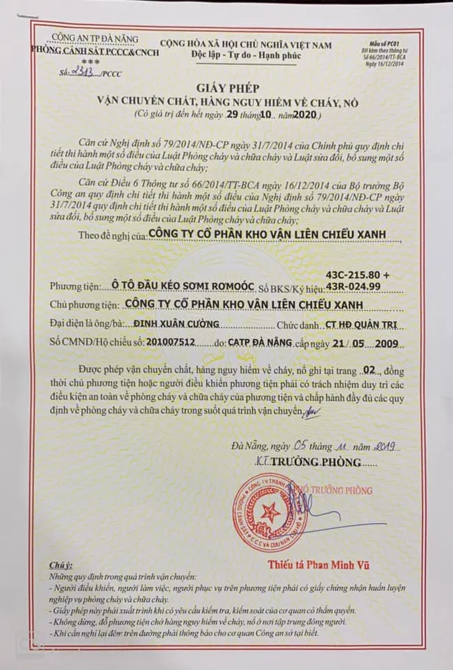Giấy phép vận chuyển hàng nguy hiểm